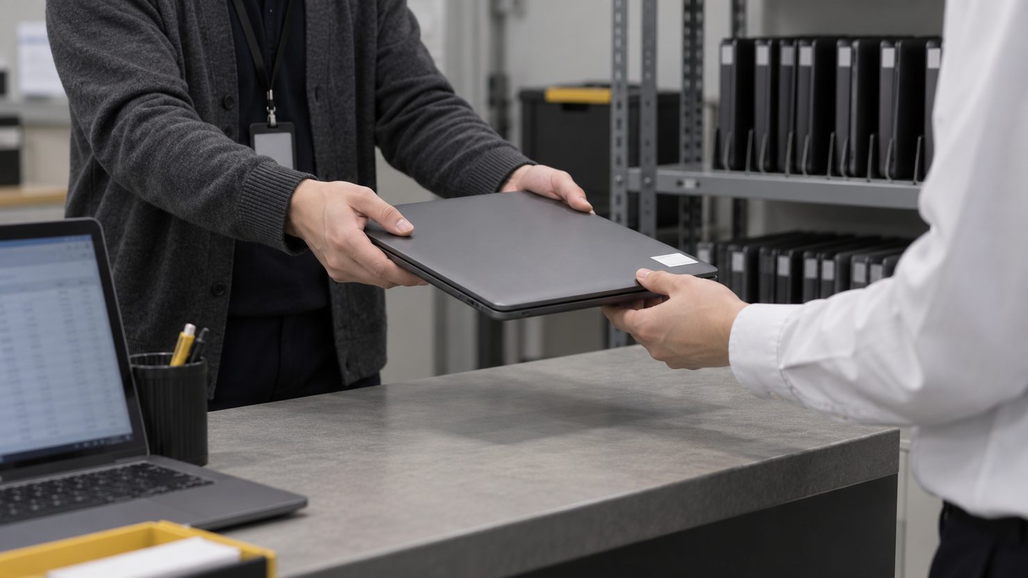 IT機器の保管室のカウンターで、担当者が管理ラベルを貼ったノートPCを社員に手渡している