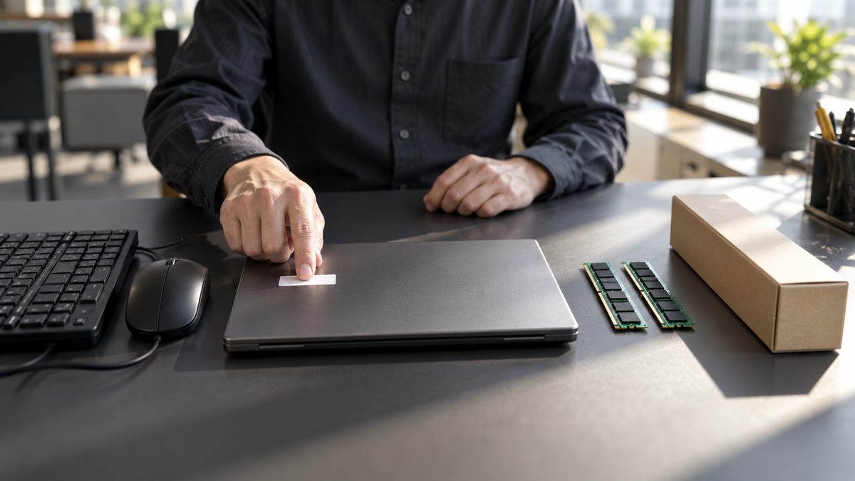 作業机にノートPC・キーボードとマウス・メモリ2枚・トナーの箱が並び、担当者がノートPCのラベルを指さす