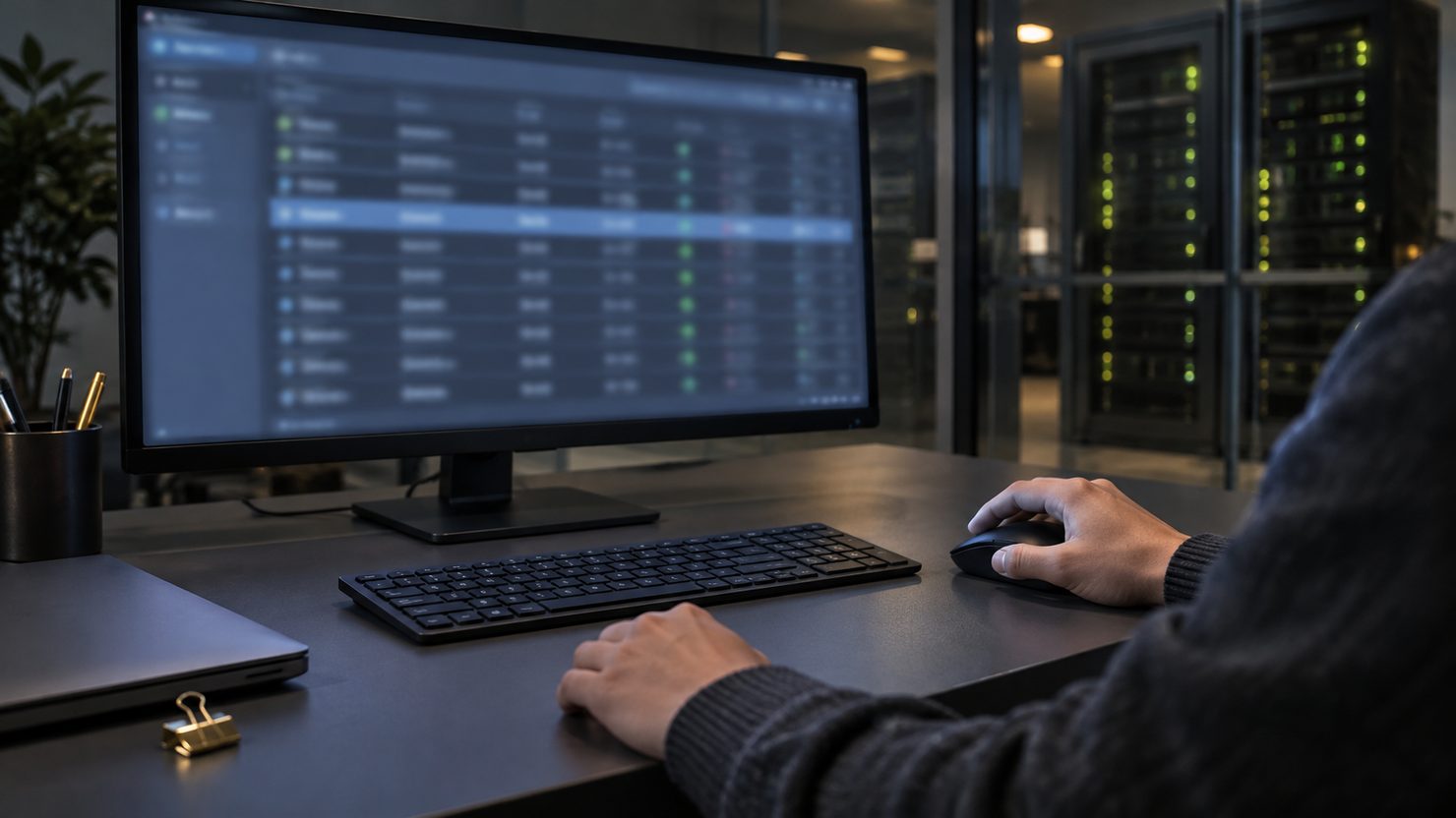 夜の運用席でモニターのジョブ一覧の前に座り、マウスで操作している。奥にサーバーラック