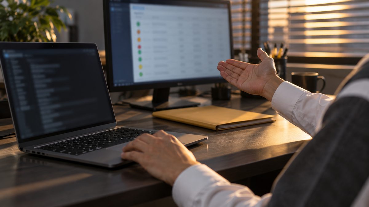 西日の入る机でノートPCを操作しながら、奥のモニターの一覧を手で示している