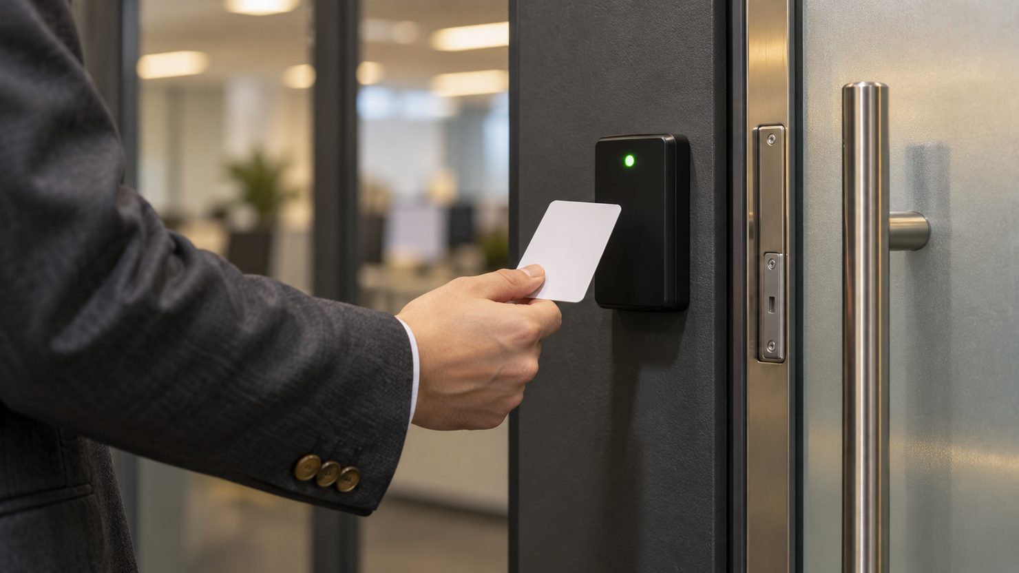 オフィス入口の扉の横の読み取り機に、社員がICカードをかざしている手元