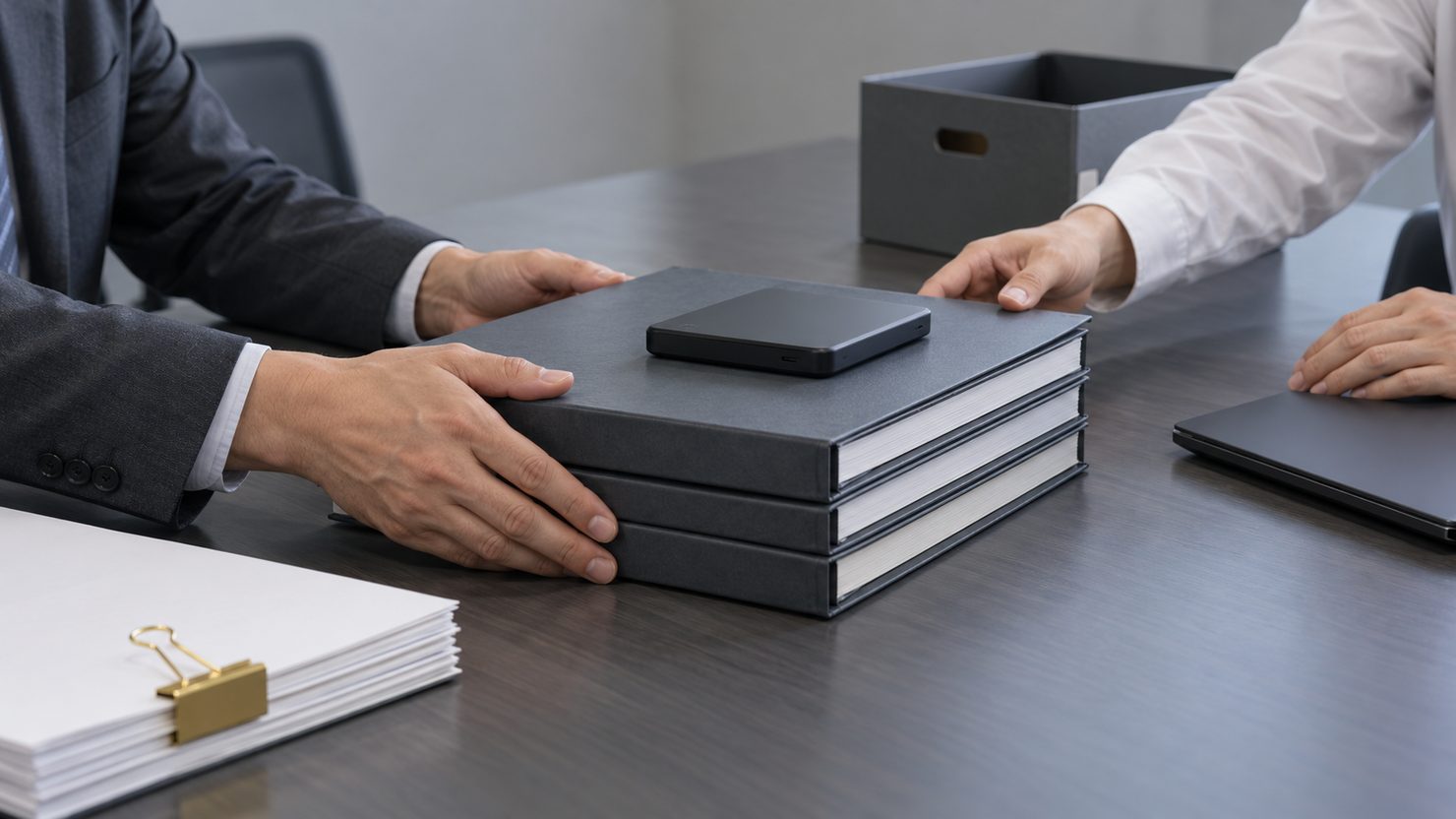 会議机で3冊のファイルと外付けHDDを、次の保守会社の技術者へ両手で渡している