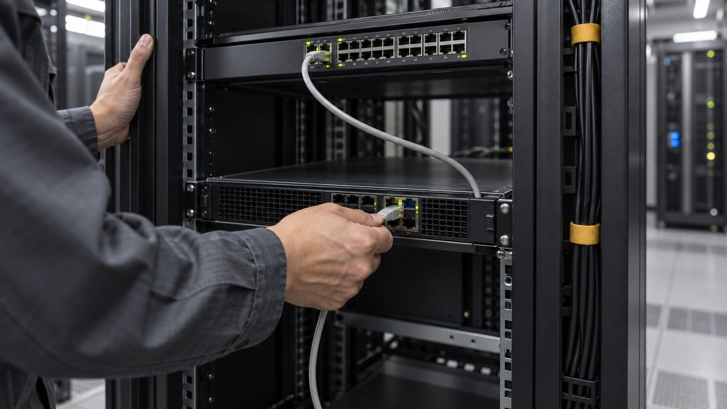サーバーラックで通信を検査する機器のポートにLANケーブルを差し込んでいる手元