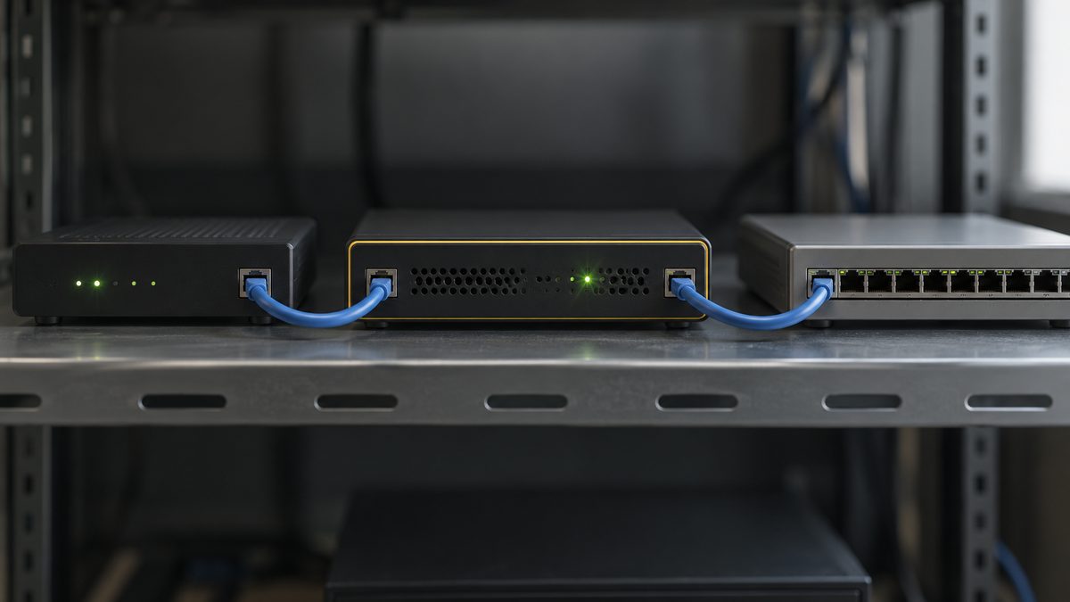 棚の上でルーター・検査用の機器・スイッチの3台がケーブルで順につながっている