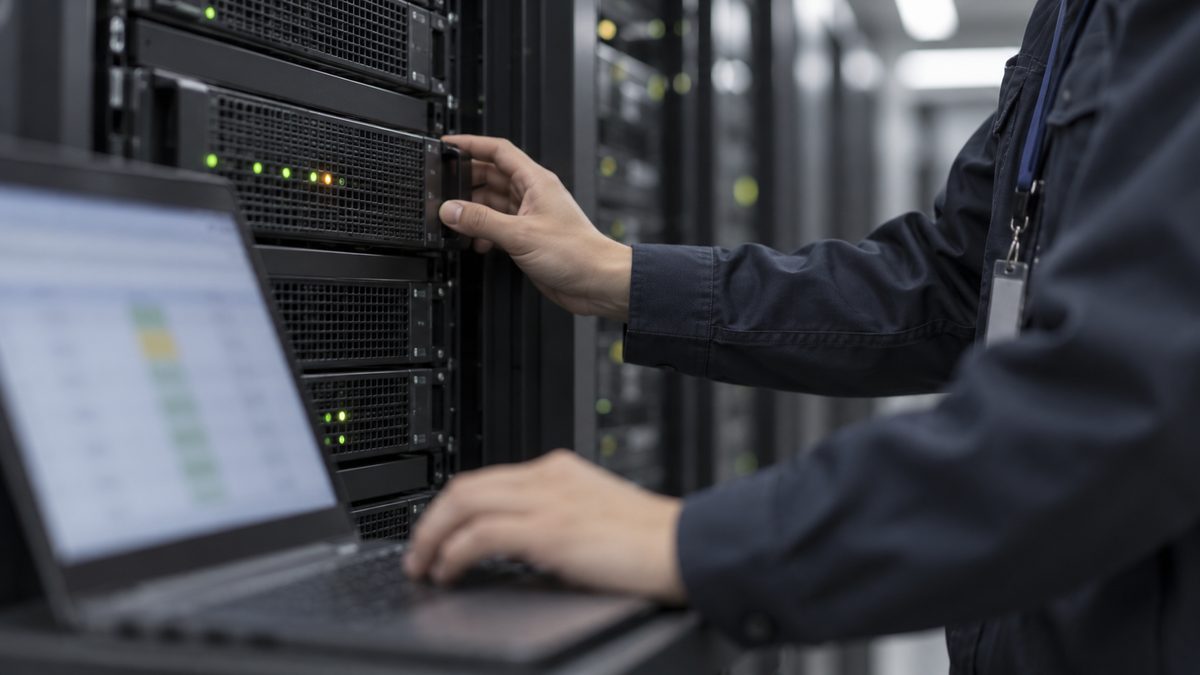 サーバー室のラックで担当者が1台のサーバー前面に手を添え、手元のノートPCで一覧を確かめている