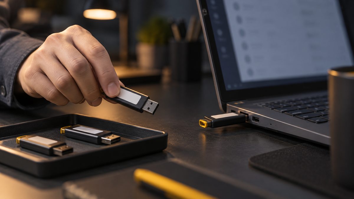 ノートPCに挿さったUSBメモリと、トレーのUSBメモリをつまむ手元