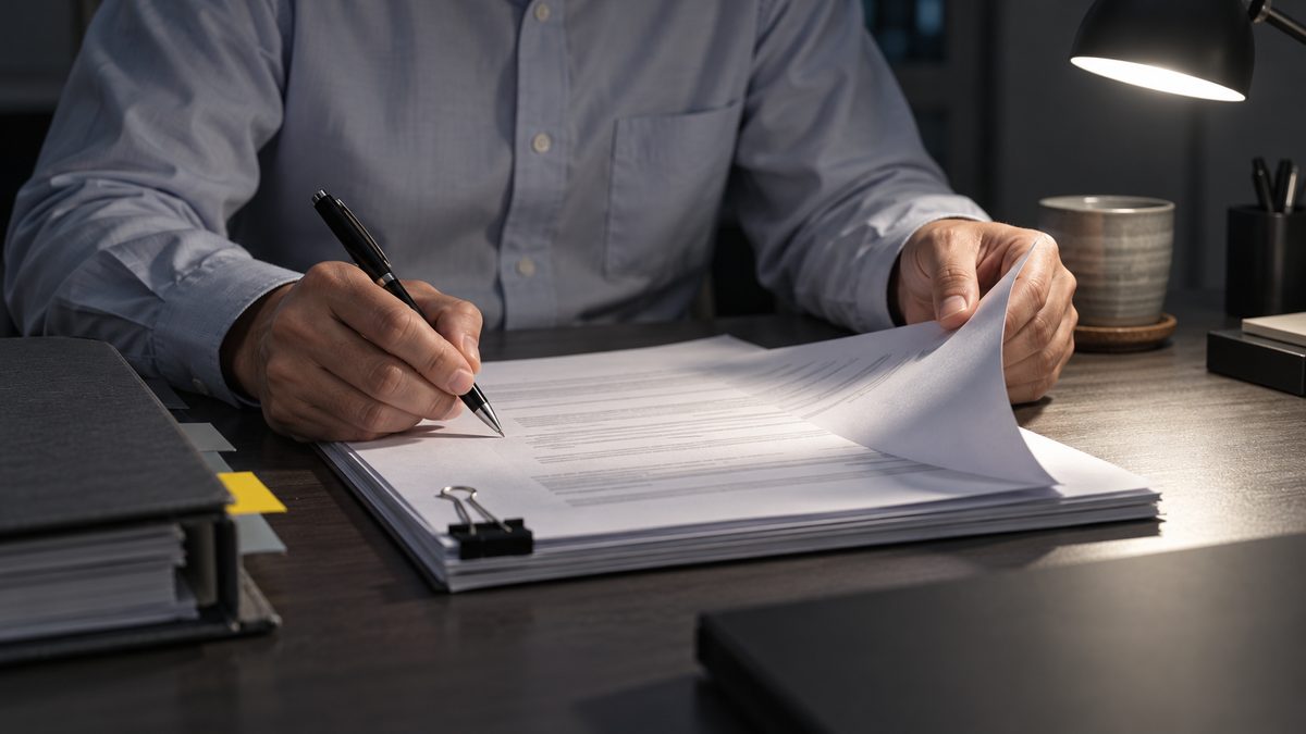 夜のデスクライトの下で、クリップで留めた書類をめくりペンで印を付けている手元