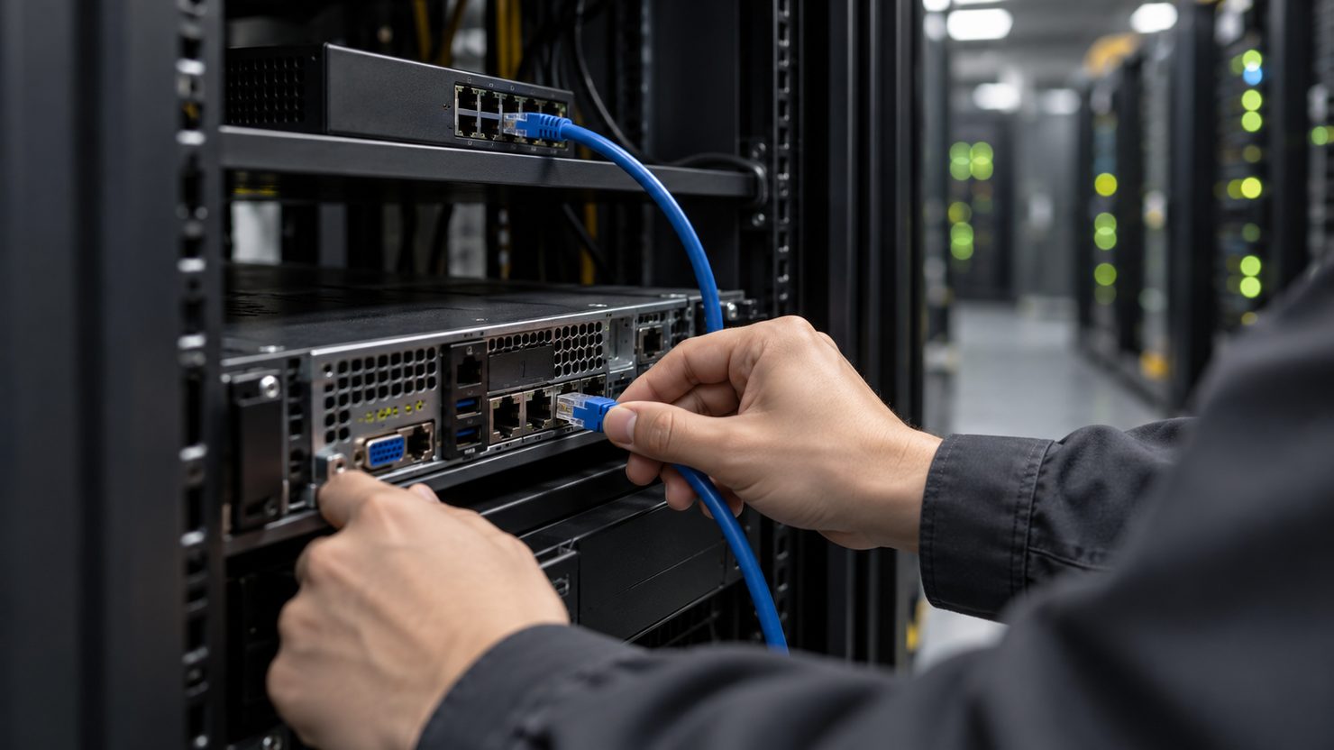サーバー室のラックで1Uサーバーの背面に青いLANケーブルを差し込んでいる手元
