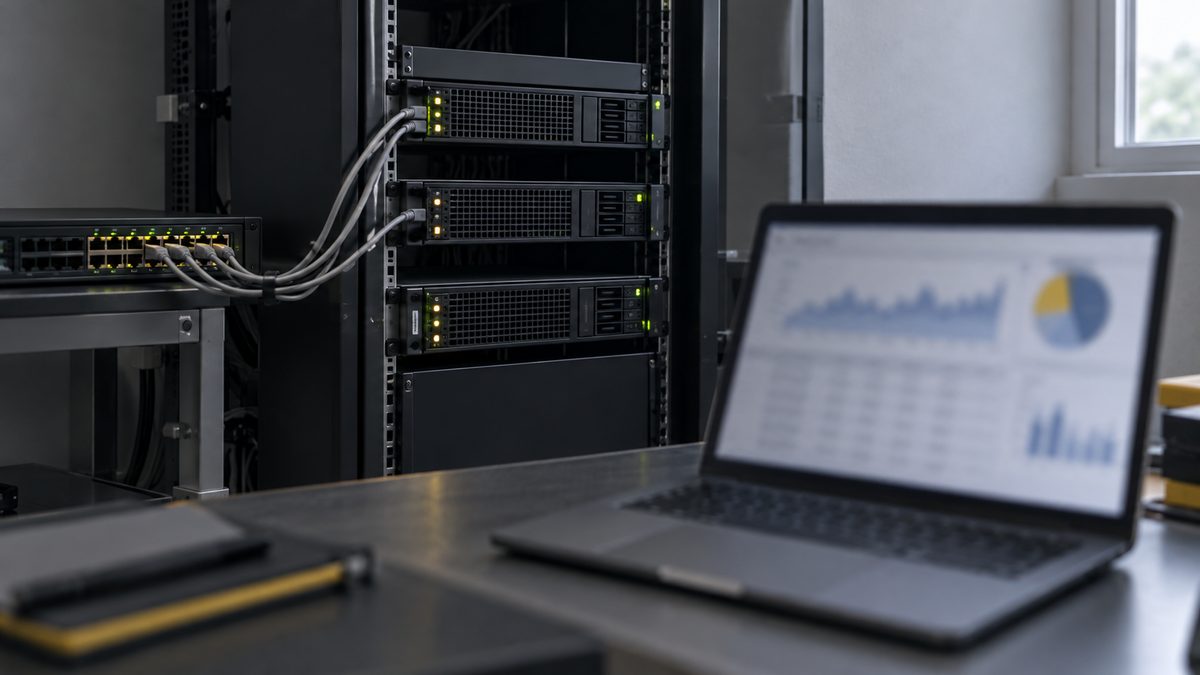 ラックに3台のサーバーとスイッチが並び、手前のノートPCにグラフが映っている