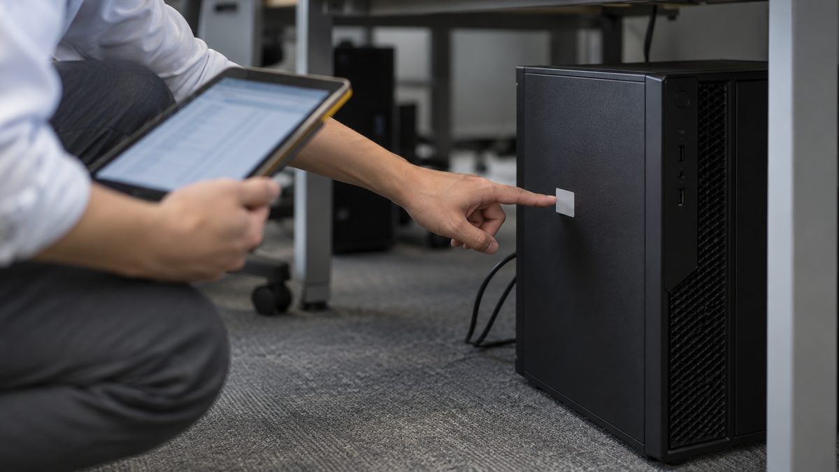 机の下のPC本体の前にしゃがみ、タブレットの一覧と側面の管理シールを照らし合わせている