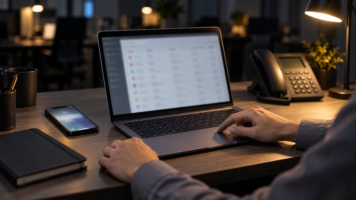 夜の机でスマートフォン・固定電話・ノートPCが並び、指がタッチパッドに触れて問い合わせの一覧を見ている
