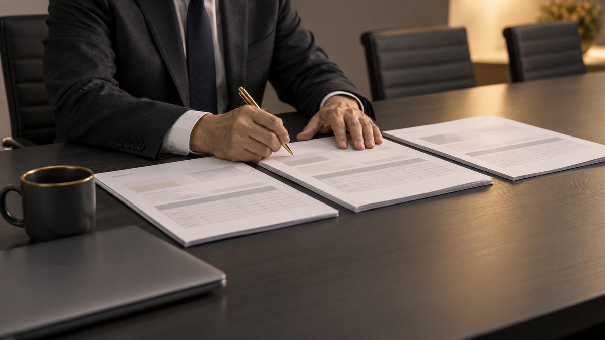 会議室の机に3部の提案書を並べ、ペンで印を付けて比べている
