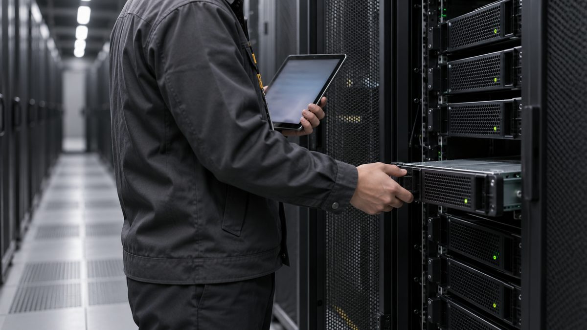 データセンターのラック通路で保守担当がサーバーを引き出し、タブレットで点検している