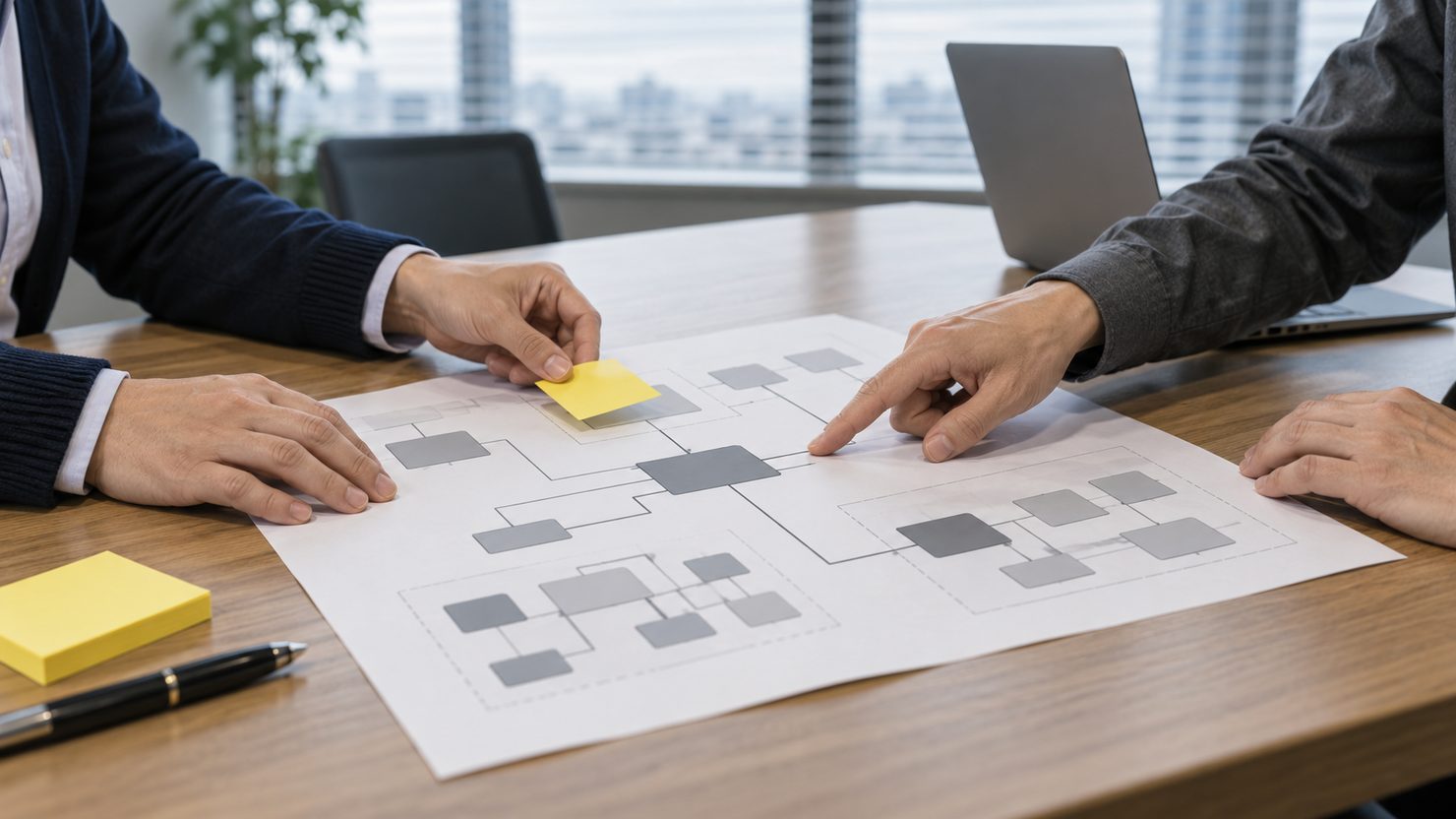 打ち合わせ室で支援する技術者が箱と線の設計図を指でなぞり、担当者が付箋を貼っている
