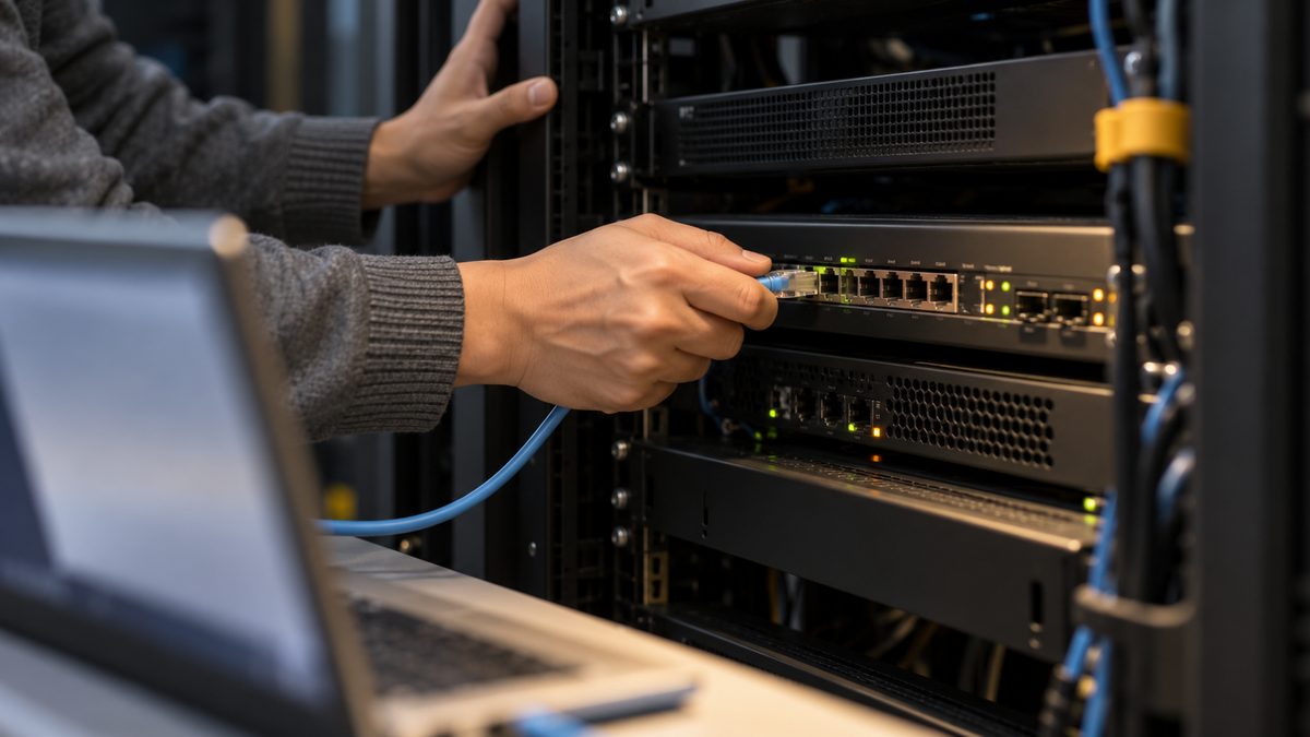 ラックの機器の前面の差し込み口に、ノートPCからのケーブルを差し込んでいる手元