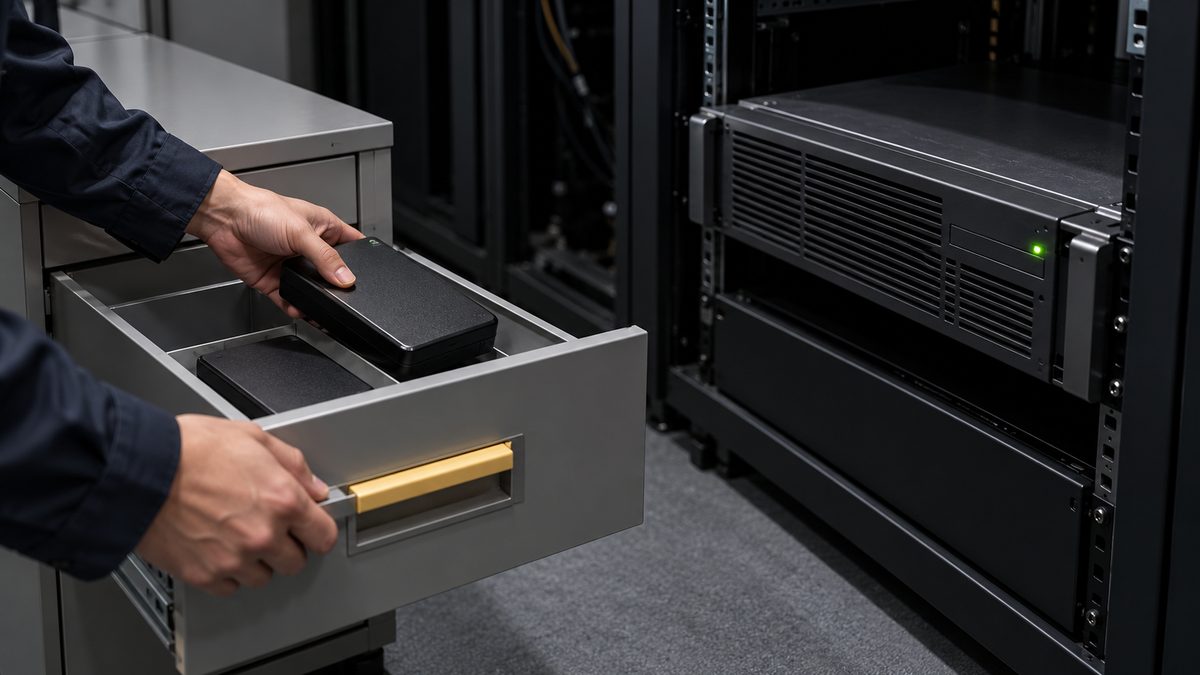 サーバー室で古いサーバーの横の引き出しに外付けHDDをしまっている手元