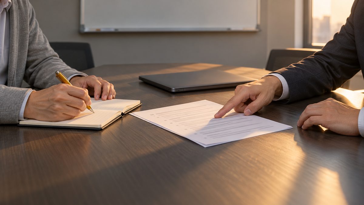 西日の入る会議室で、社内の担当者と外部の技術者が確認項目の紙を突き合わせている