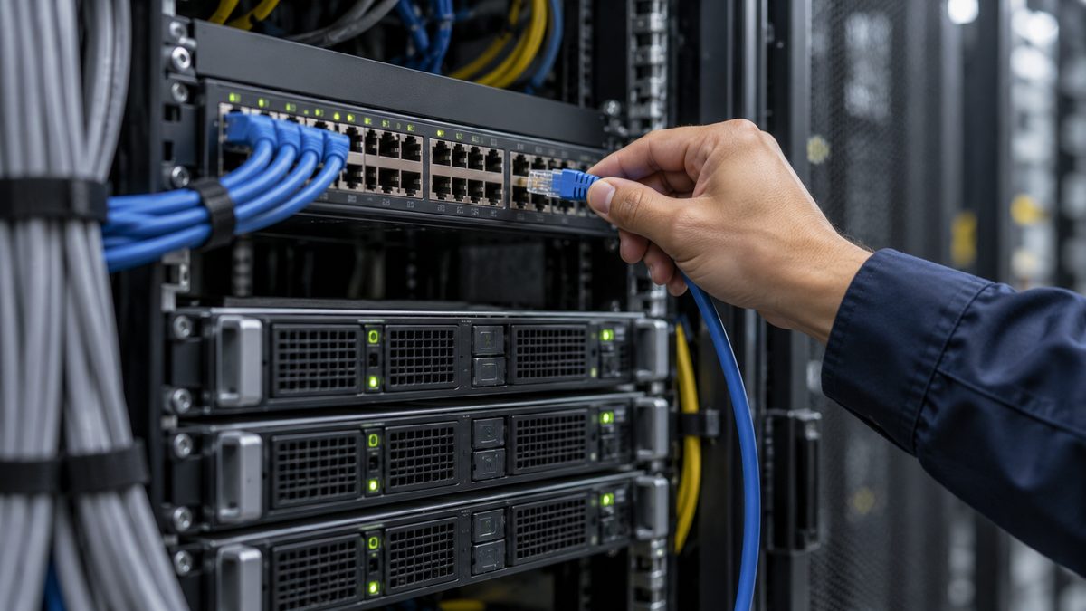 サーバールームのラックでスイッチに青いLANケーブルを差し込む手と、その下の薄型サーバー