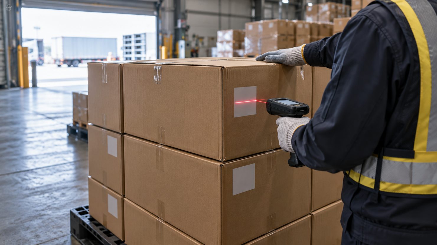 倉庫の入荷場で作業者がハンディ端末で積み上げた段ボールのラベルを読み取っている