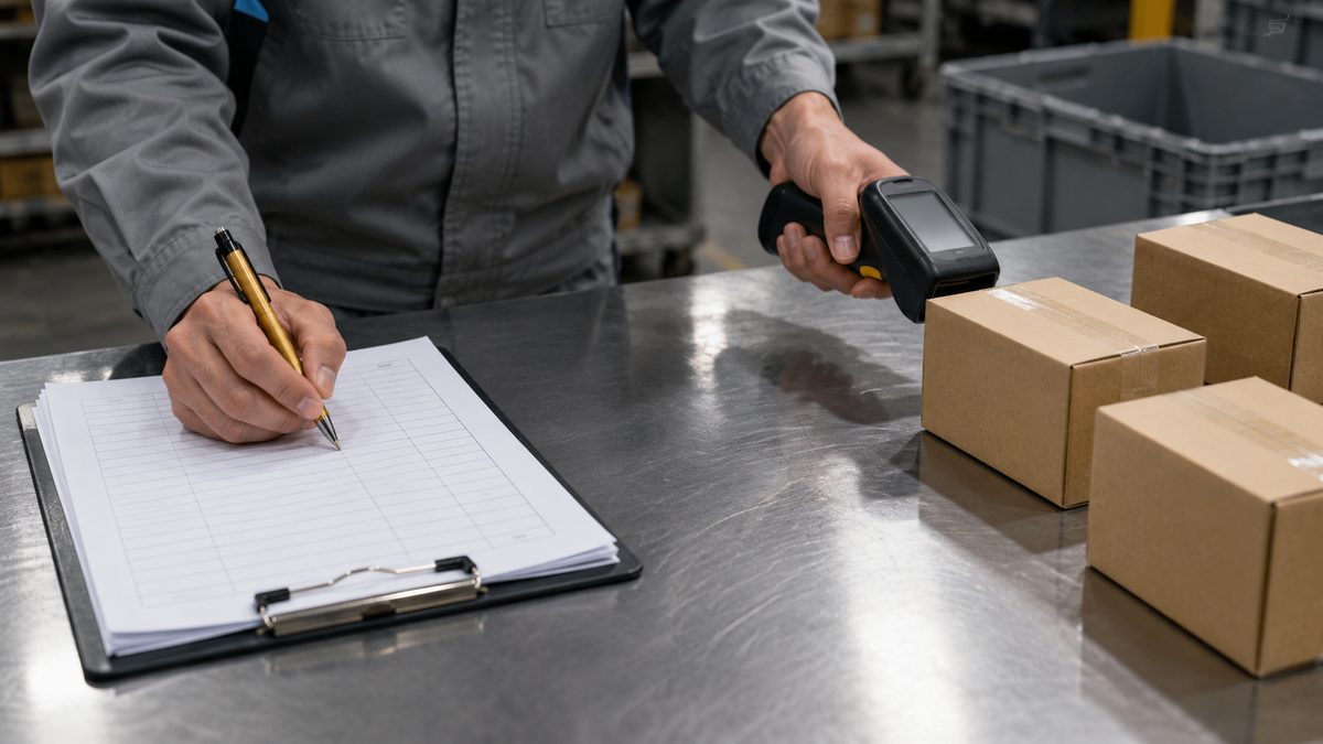 作業台で紙の伝票にペンで記入しながら、もう一方の手でハンディ端末を持っている
