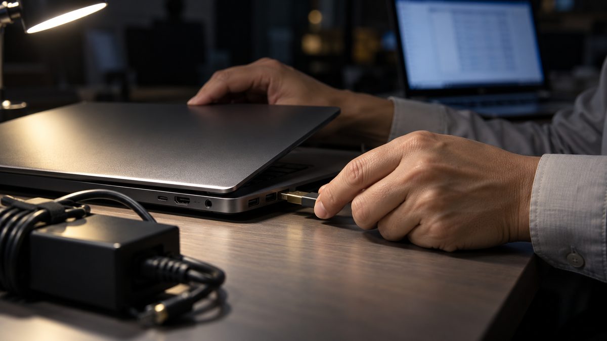 夜のデスクでノートPCの側面にUSBメモリを差す手元