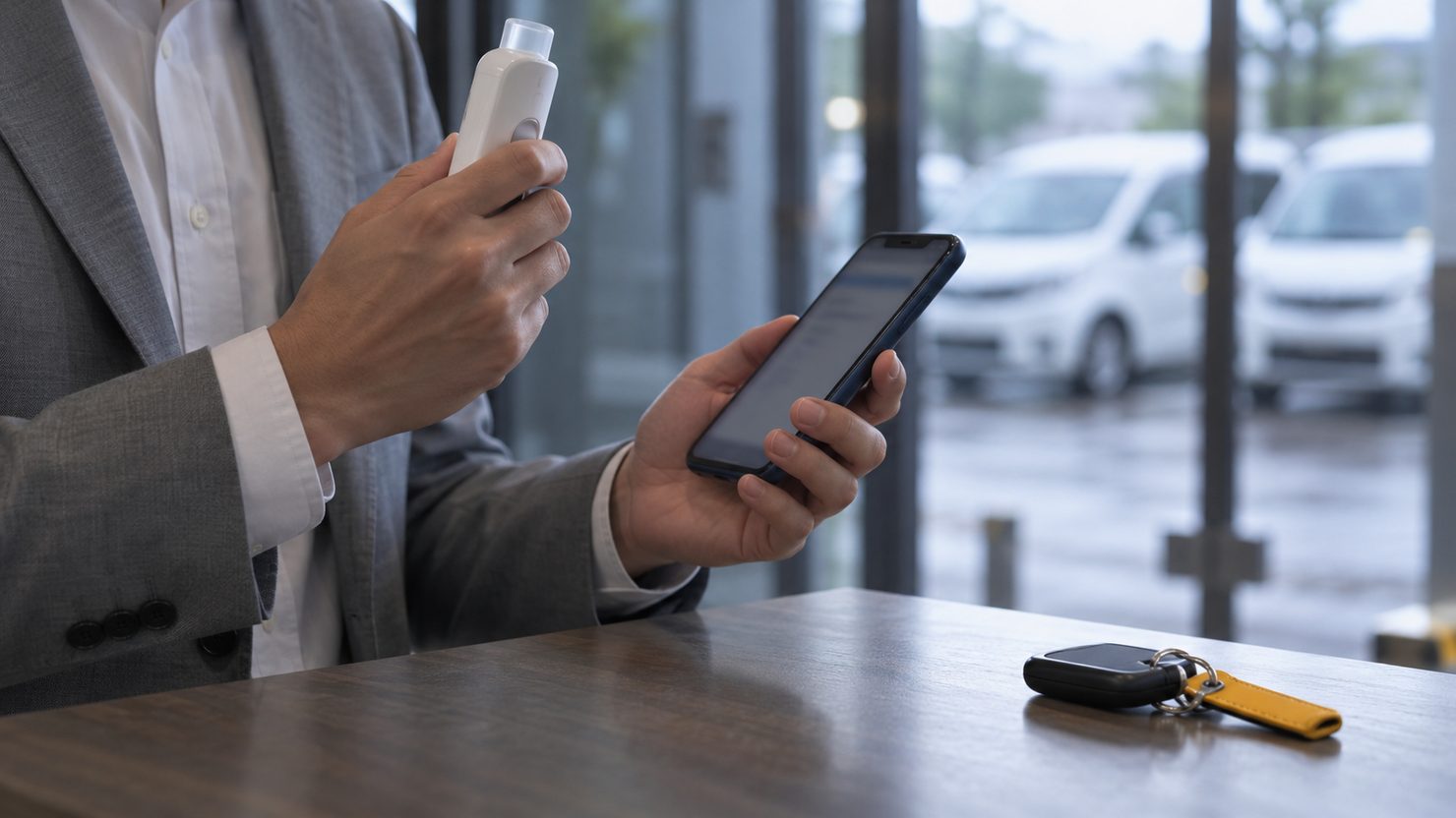 出入口のカウンターで検知器とスマートフォンを持つ手と社用車の鍵