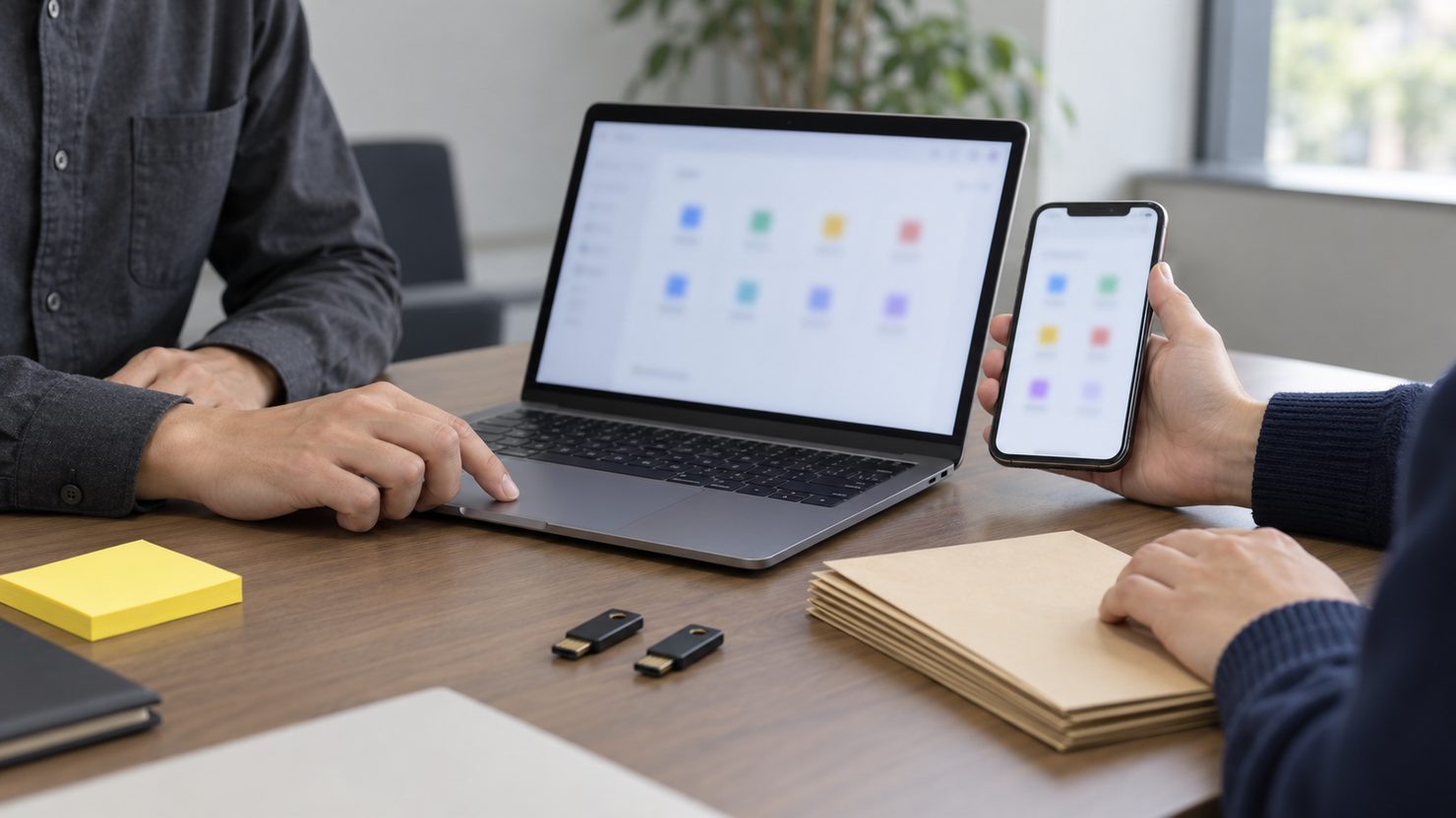 新しいアカウントでノートPCとスマートフォンのログインを確かめる2人の手元