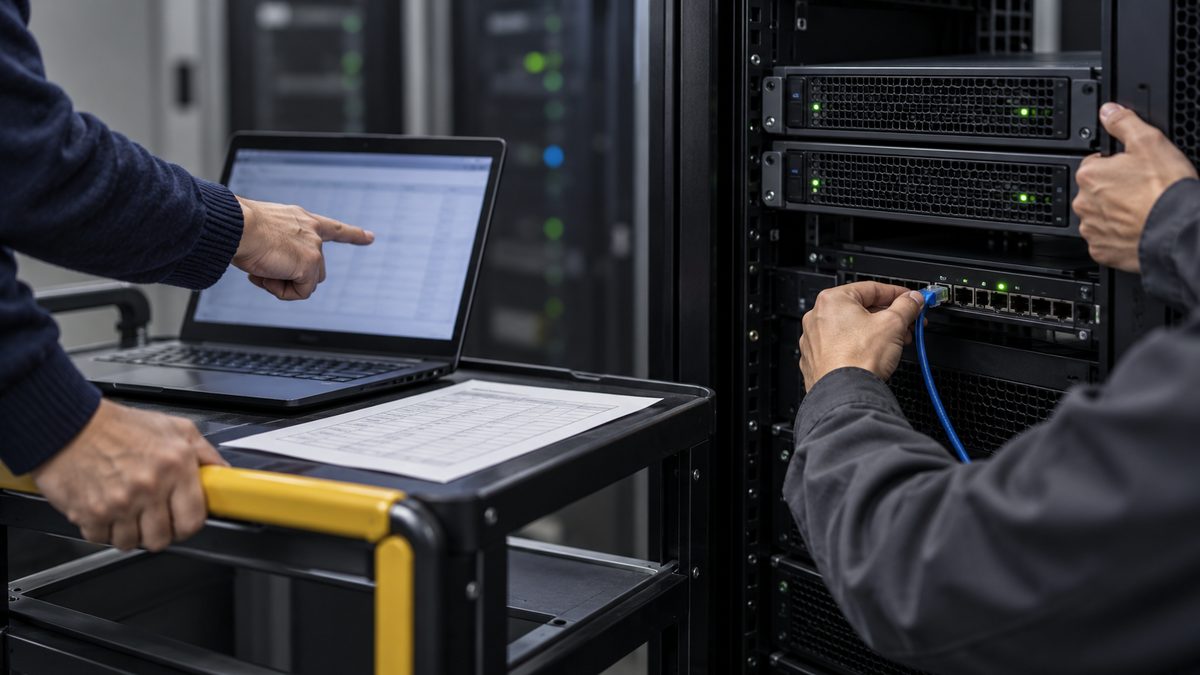 サーバー室でラックにLANケーブルを差す技術者とノートPCを指す担当者