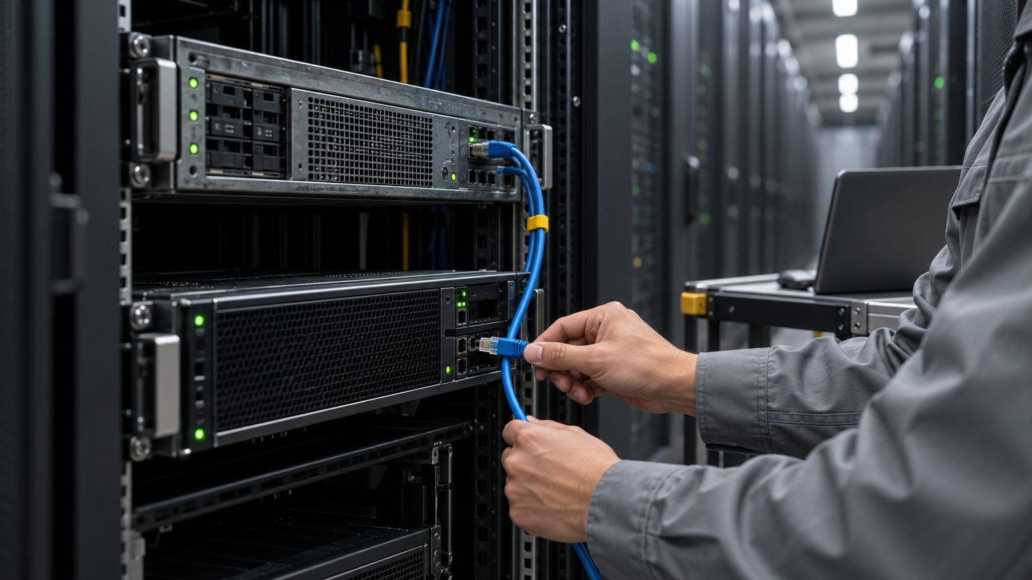 サーバーラックで旧サーバーと新サーバーの間のLANケーブルをつなぎ替える手