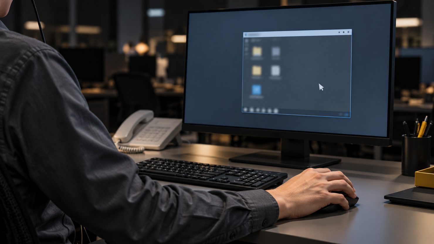 夜のヘルプデスク席でモニターの中の別のPCの画面をマウスで操作する担当者