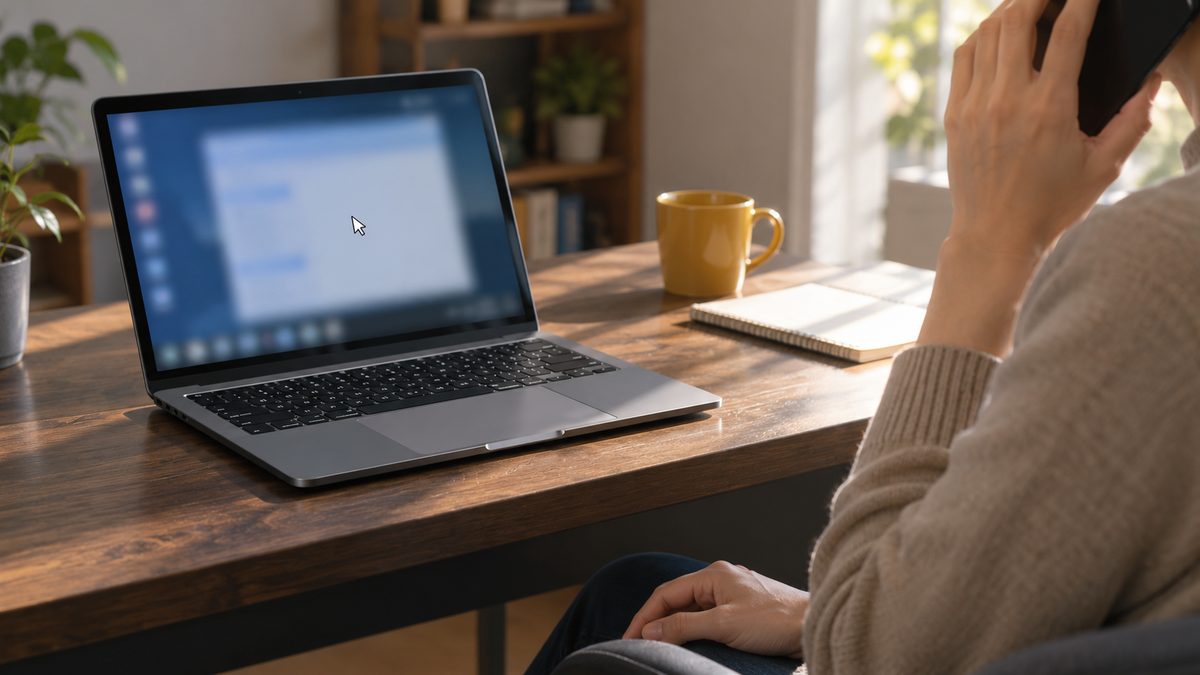 在宅の利用者が電話しながらノートPC上で動くポインターを見守る場面