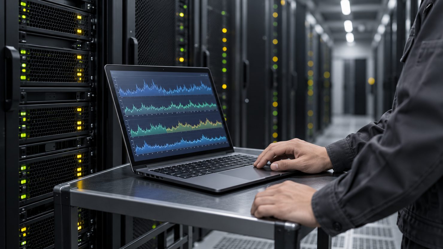 サーバールームの作業台でノートPCの細かい折れ線グラフを確かめる手