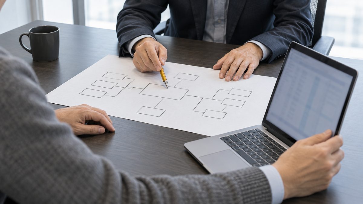 会議室で構成図をペンでさす技術者とノートPCを向ける担当者