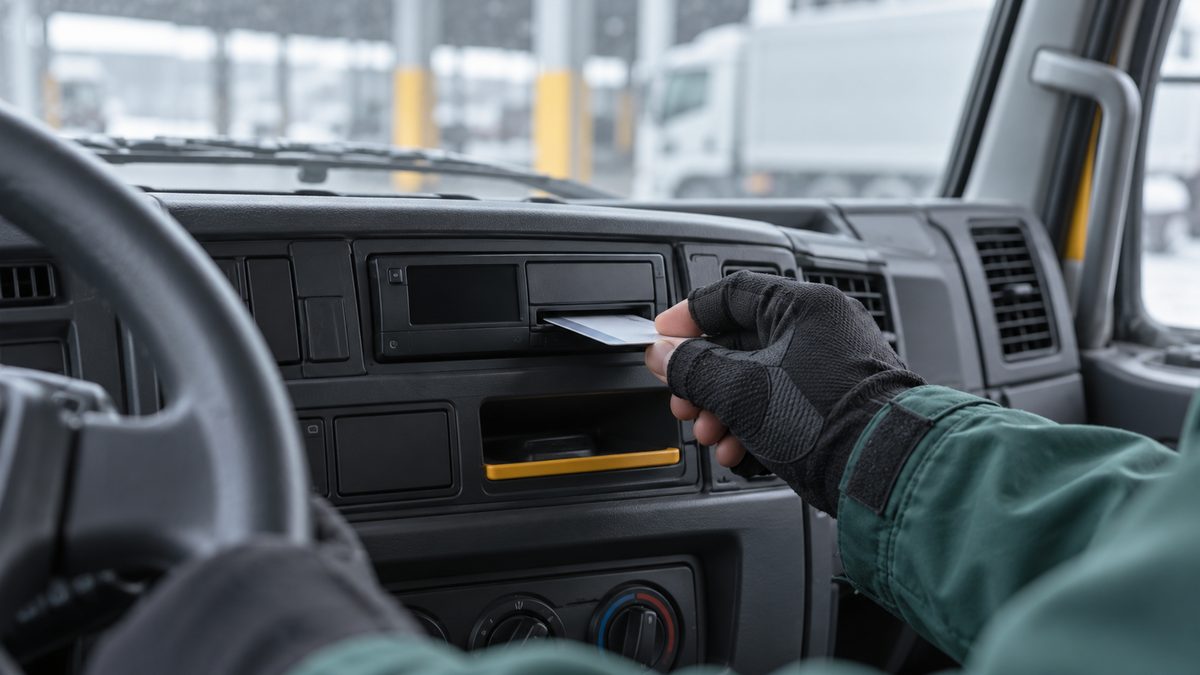 トラックの運転席でデジタコに記録用カードを差し込む手