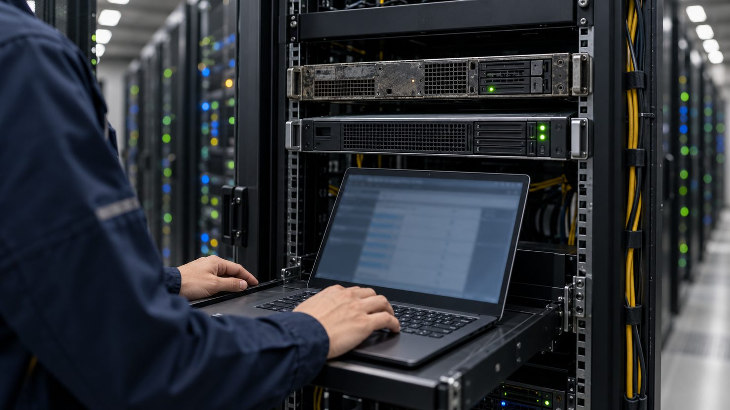 ラックの新旧2台のサーバーの前で棚のノートPCを操作する担当者