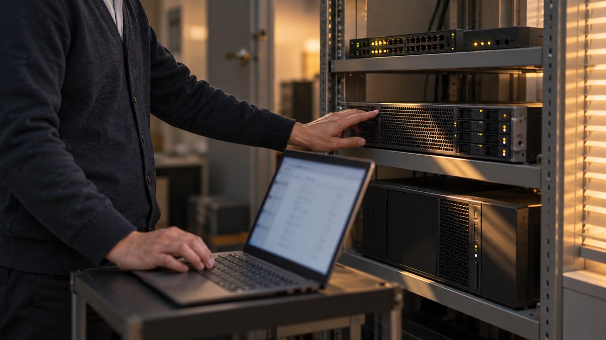 機器置き場で小型サーバーに手を添えながらノートPCで点検する担当者
