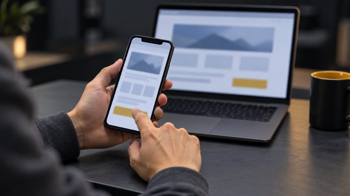 スマートフォンとノートPCで同じWeb画面の表示を確かめる手元