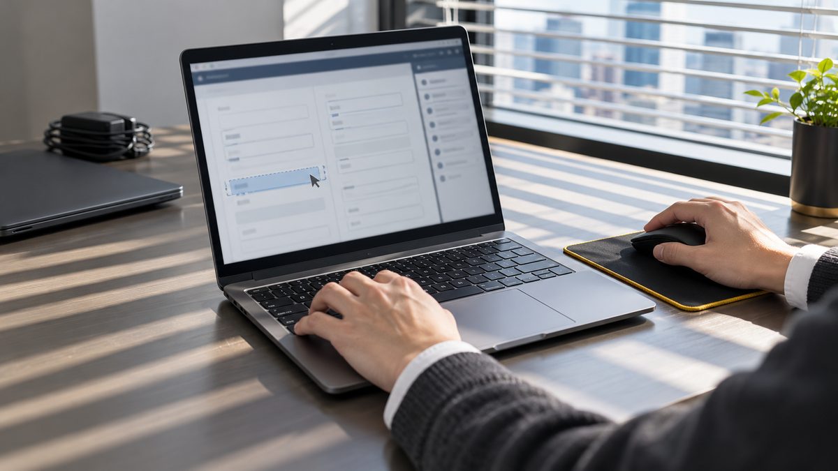 窓際でノートPCの登録画面の入力欄をマウスで並べ替える手元