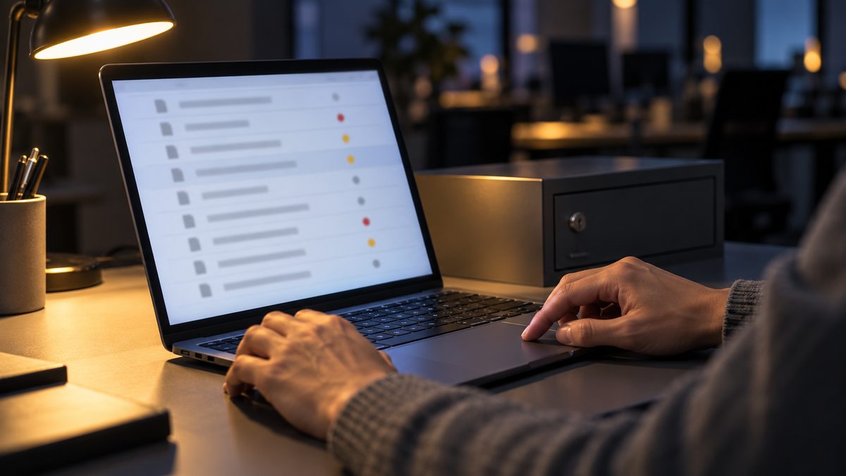 早朝の自席でノートPCの文書一覧に印を付ける手と鍵付きの引き出し