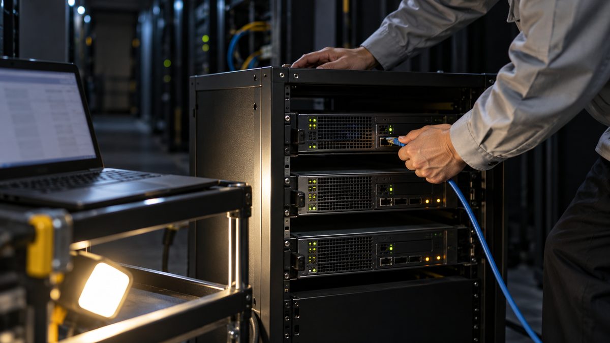 検証機材室で小型ラックのサーバーにLANケーブルを差す手