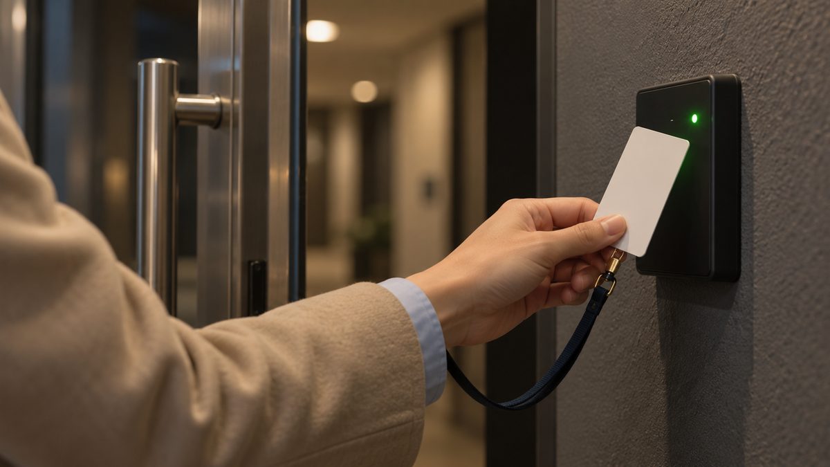 通用口のカード読み取り機に社員証をかざす手