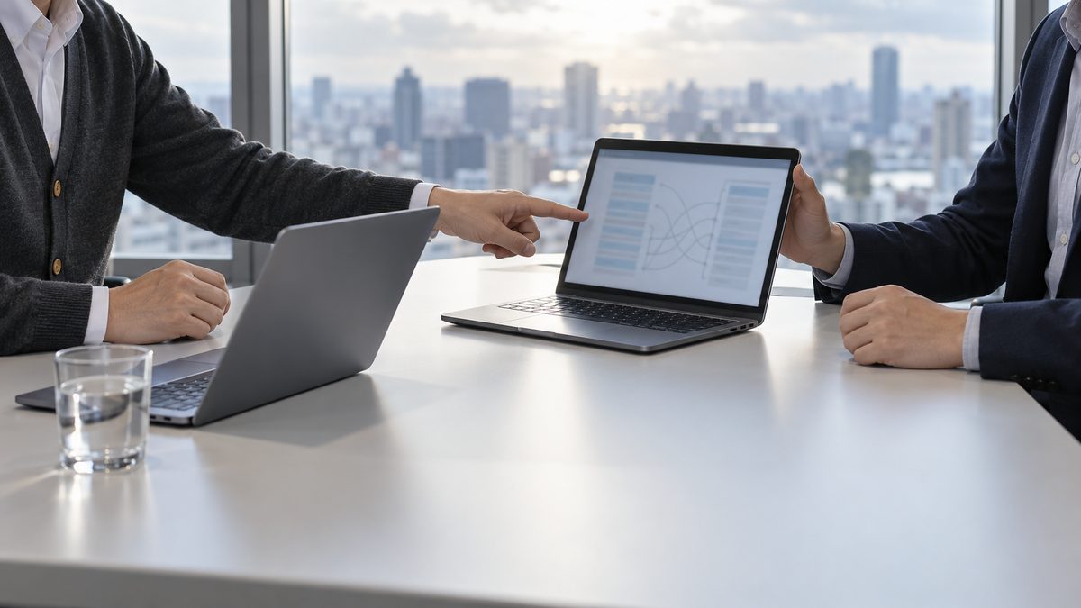 打ち合わせ室で技術者がノートPCを回し担当者が画面を指す場面