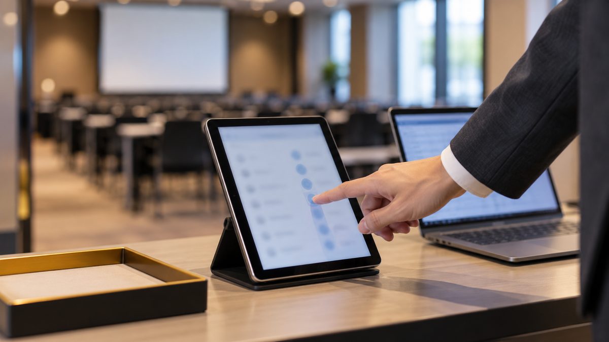 研修会場の受付でスタンドのタブレットに触れて出席を記録する手