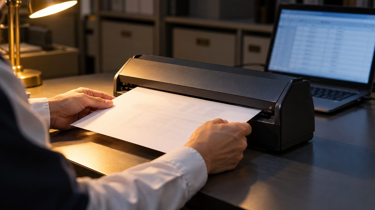 夕方の書類室で請求書をスキャナーに差し込む両手とノートPC
