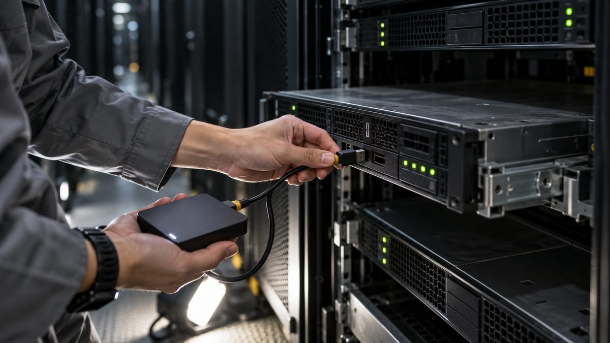 引き出したサーバーに外付けの記録装置のケーブルを挿す手元