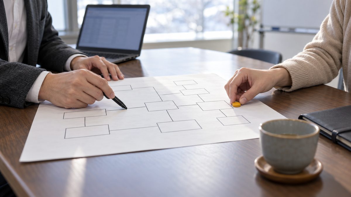紙の構成図をペンでたどる技術者と印を置く担当者の手元