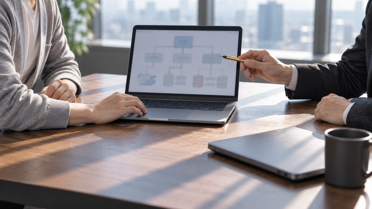 会議室で2人がノートPCの構成図をペンで確かめる場面