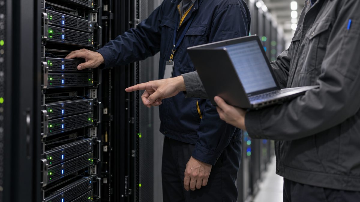 サーバー室で今の保守担当と次の会社の担当が同じ機器を確かめる場面