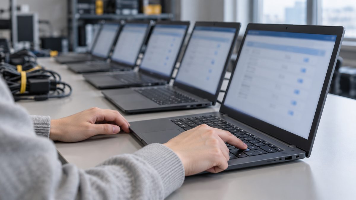 作業室に一列に並んだノートPCの手前の1台でキーを押す指