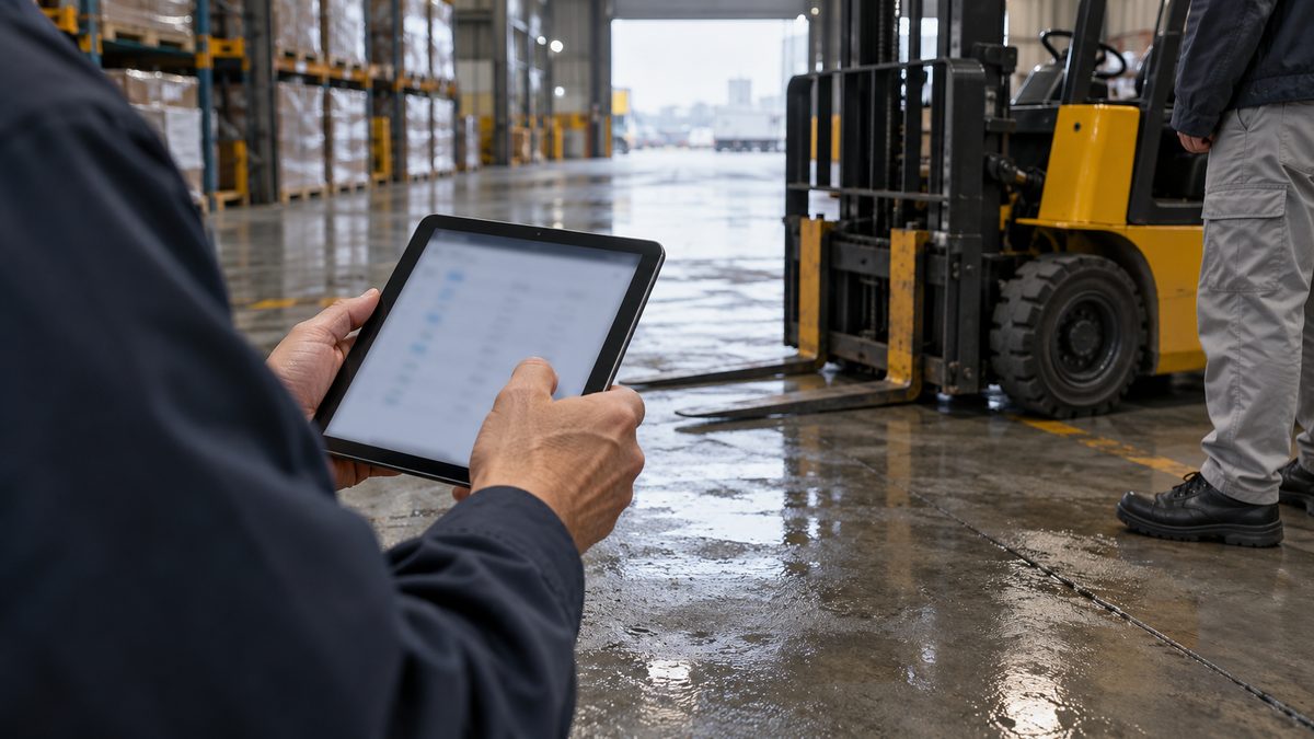 物流倉庫でタブレットの資格一覧を確かめる責任者と奥のフォークリフト
